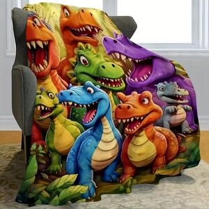Colorful Dino Kids Throw Blanket - Blue, Purple, Green, Orange, Red